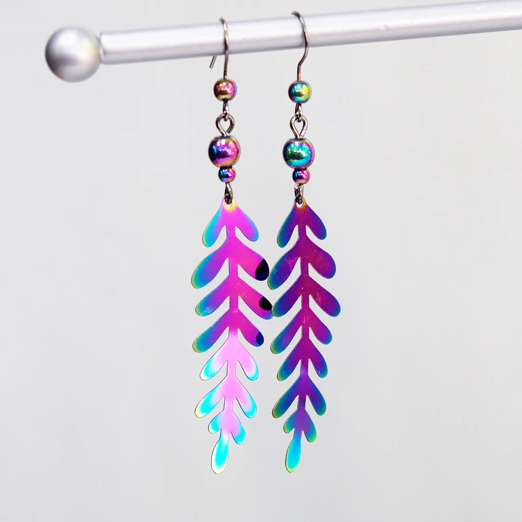 Iridescent Fern Earrings | Rainbow Forest Leaf Charm Earrings | Magic Colorful Ferns