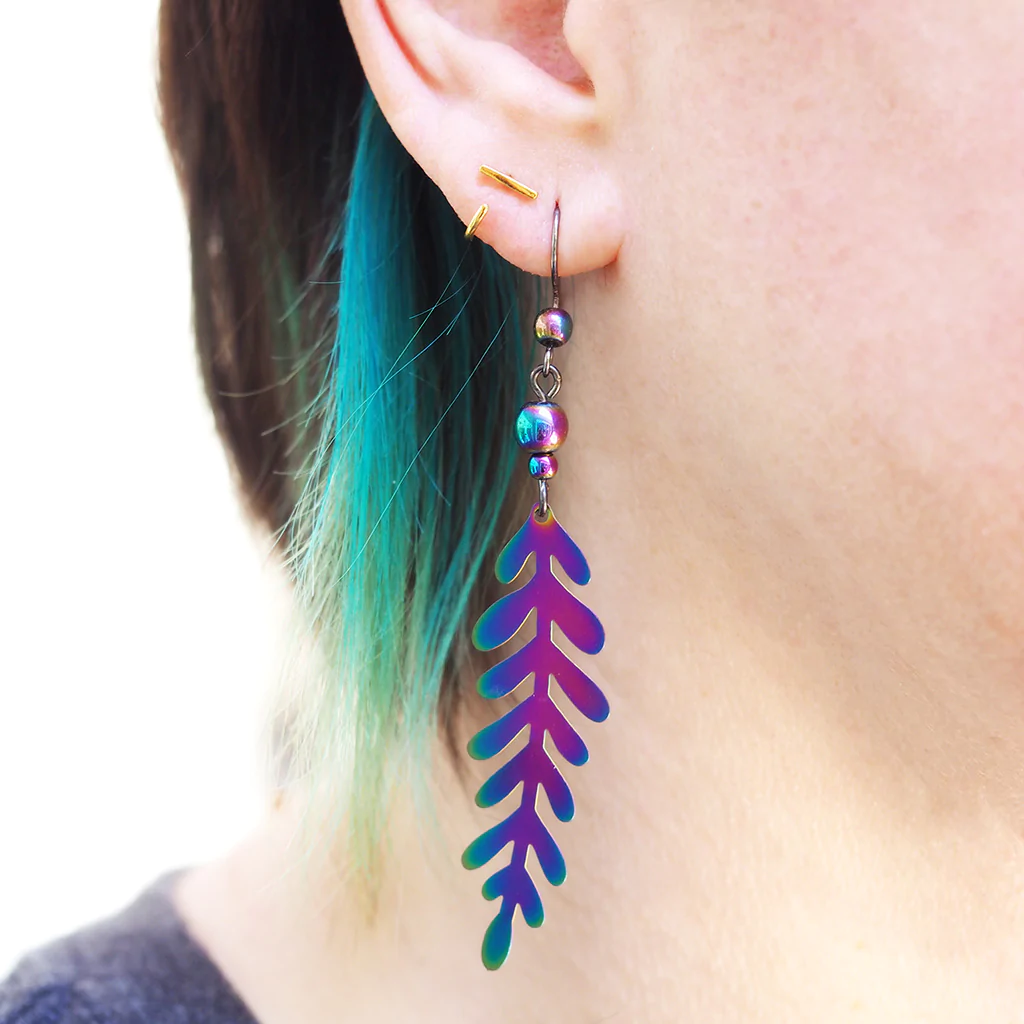 Iridescent Fern Earrings | Rainbow Forest Leaf Charm Earrings | Magic Colorful Ferns