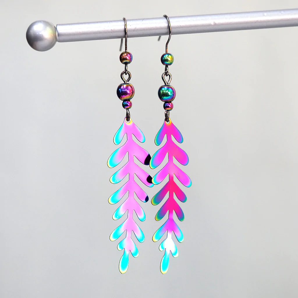 Iridescent Fern Earrings | Rainbow Forest Leaf Charm Earrings | Magic Colorful Ferns