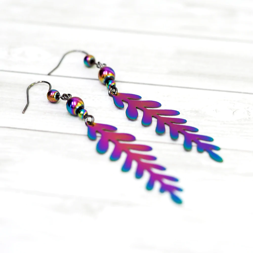 Iridescent Fern Earrings | Rainbow Forest Leaf Charm Earrings | Magic Colorful Ferns