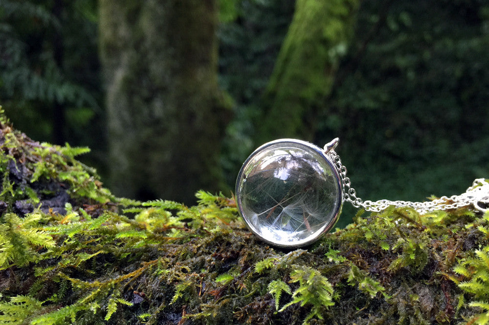 Large Glass Dandelion Wishes Necklace | Whimsical Dandelion Necklace | Glass Terrarium Pendant - Enchanted Leaves - Nature Jewelry - Unique Handmade Gifts