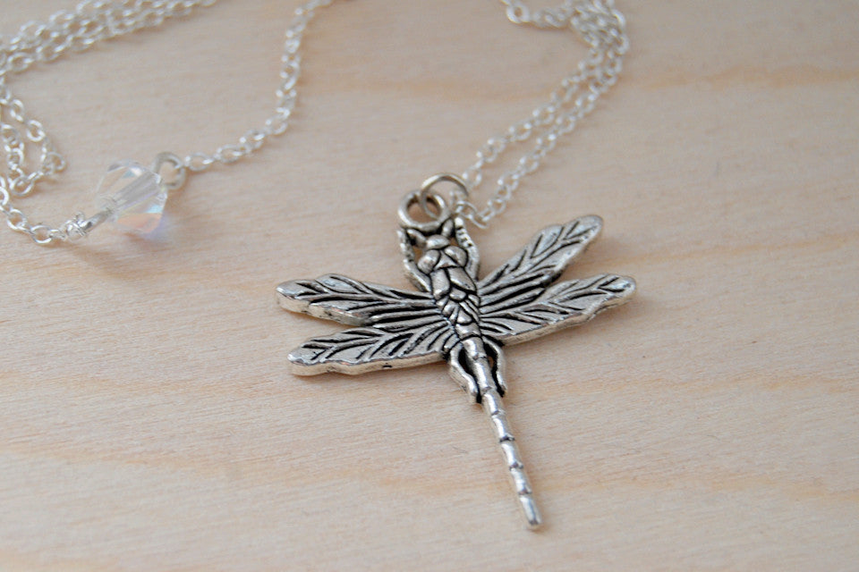 Large Silver Dragonfly Necklace | Dragonfly Charm Necklace | Cute Insect Jewelry - Enchanted Leaves - Nature Jewelry - Unique Handmade Gifts