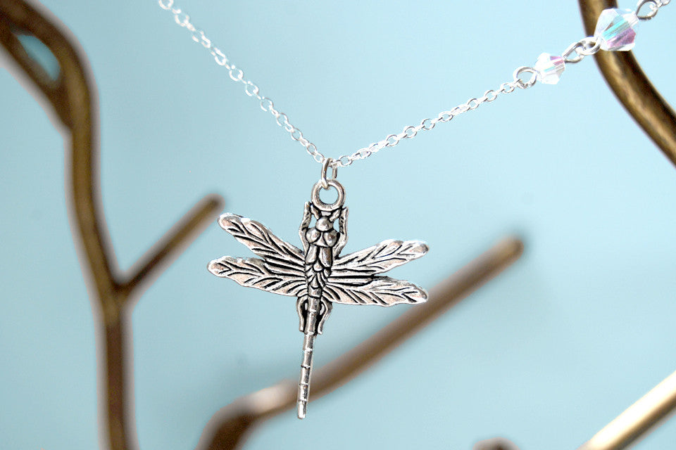 Large Silver Dragonfly Necklace | Dragonfly Charm Necklace | Cute Insect Jewelry - Enchanted Leaves - Nature Jewelry - Unique Handmade Gifts