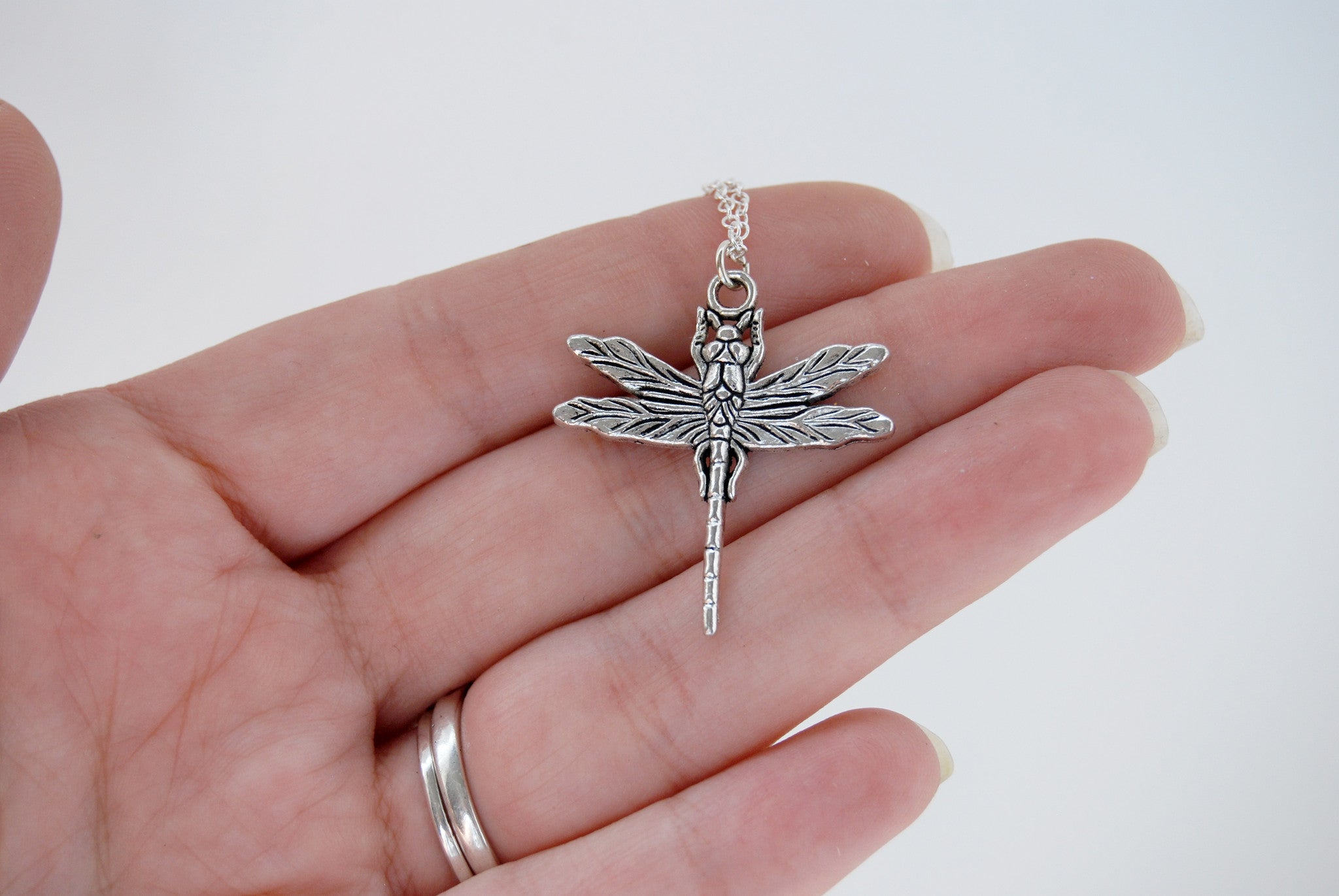 Large Silver Dragonfly Necklace | Dragonfly Charm Necklace | Cute Insect Jewelry - Enchanted Leaves - Nature Jewelry - Unique Handmade Gifts