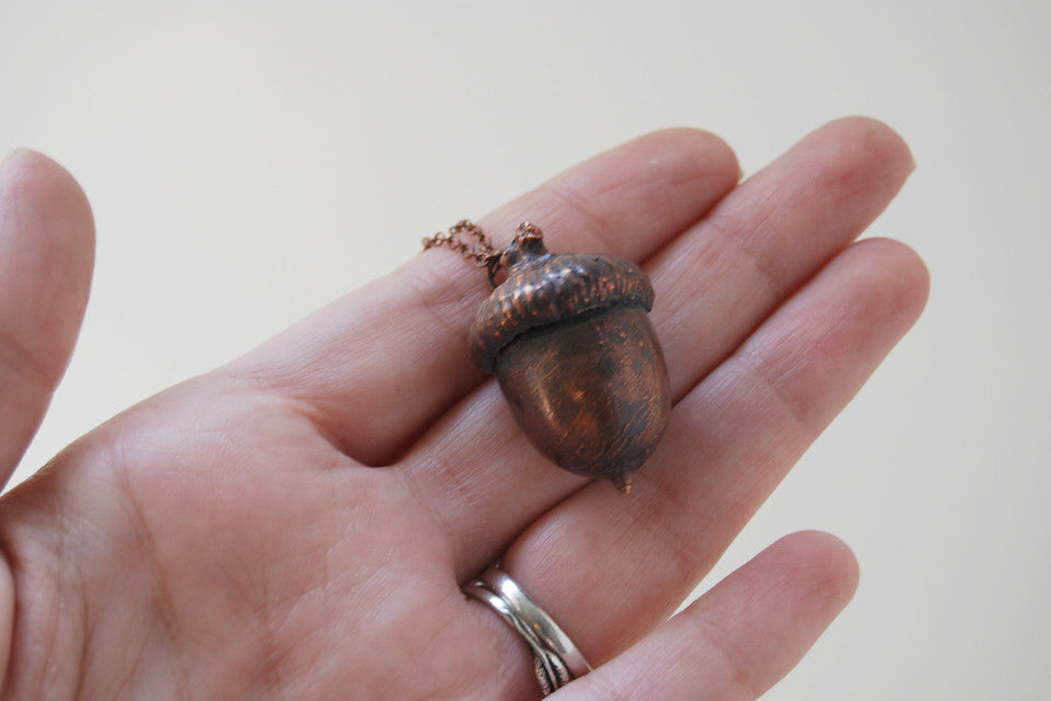 Large Fallen Copper Acorn Necklace | Acorn Charm Jewelry | Woodland Nature Electroformed Acorn - Enchanted Leaves - Nature Jewelry - Unique Handmade Gifts