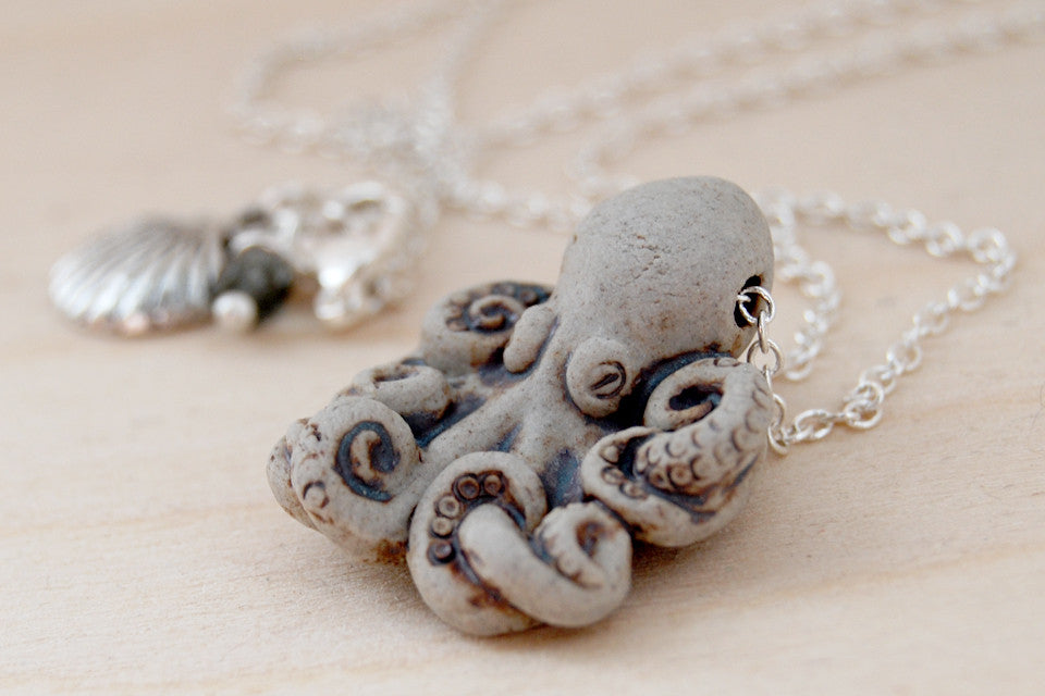 Grey Octopus Necklace | Handmade Ceramic Octopus Pendant | Nautical Jewelry - Enchanted Leaves - Nature Jewelry - Unique Handmade Gifts