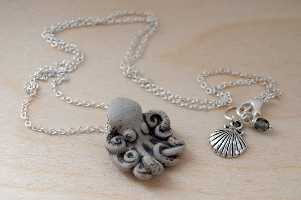 Grey Octopus Necklace | Handmade Ceramic Octopus Pendant | Nautical Jewelry - Enchanted Leaves - Nature Jewelry - Unique Handmade Gifts