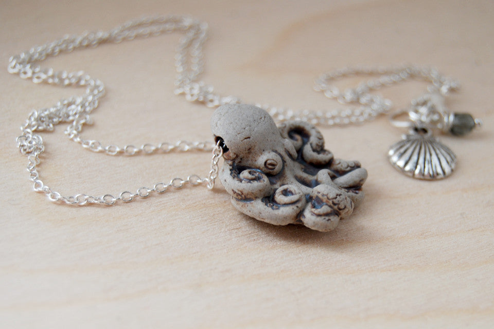 Grey Octopus Necklace | Handmade Ceramic Octopus Pendant | Nautical Jewelry - Enchanted Leaves - Nature Jewelry - Unique Handmade Gifts