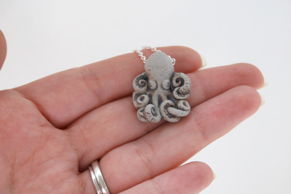 Grey Octopus Necklace | Handmade Ceramic Octopus Pendant | Nautical Jewelry - Enchanted Leaves - Nature Jewelry - Unique Handmade Gifts