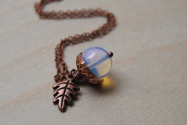 Opal & Copper Acorn Necklace | Nature Jewelry | Opalite Gemstone Acorn | Fall Acorn Charm Necklace - Enchanted Leaves - Nature Jewelry - Unique Handmade Gifts