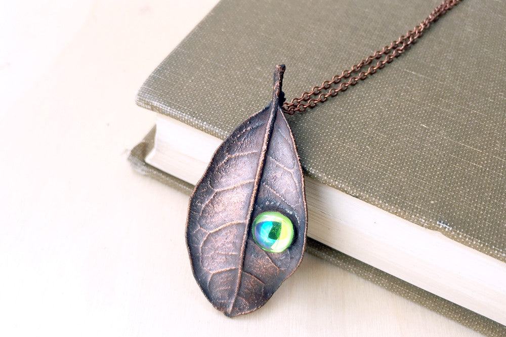 Peridot and Copper Guava Leaf Necklace | Electroformed Leaf Jewelry | Forest Necklace - Enchanted Leaves - Nature Jewelry - Unique Handmade Gifts