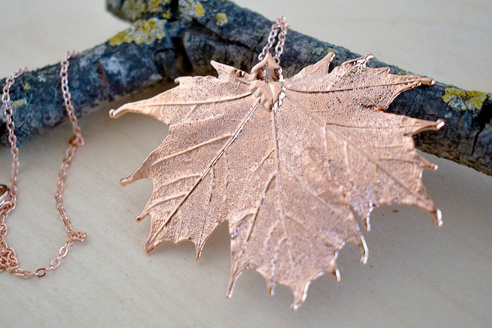 Rose Gold & Copper Large Maple Leaf Necklace | Copper Electroformed Nature - Enchanted Leaves - Nature Jewelry - Unique Handmade Gifts