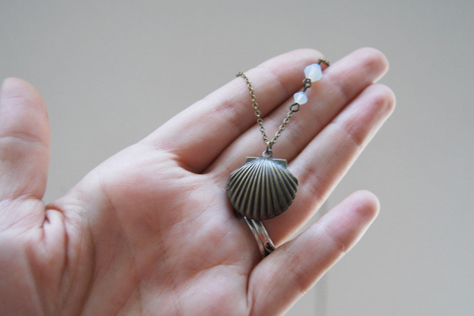 Brass Shell Locket | Shell Charm | Mermaid Necklace - Enchanted Leaves - Nature Jewelry - Unique Handmade Gifts