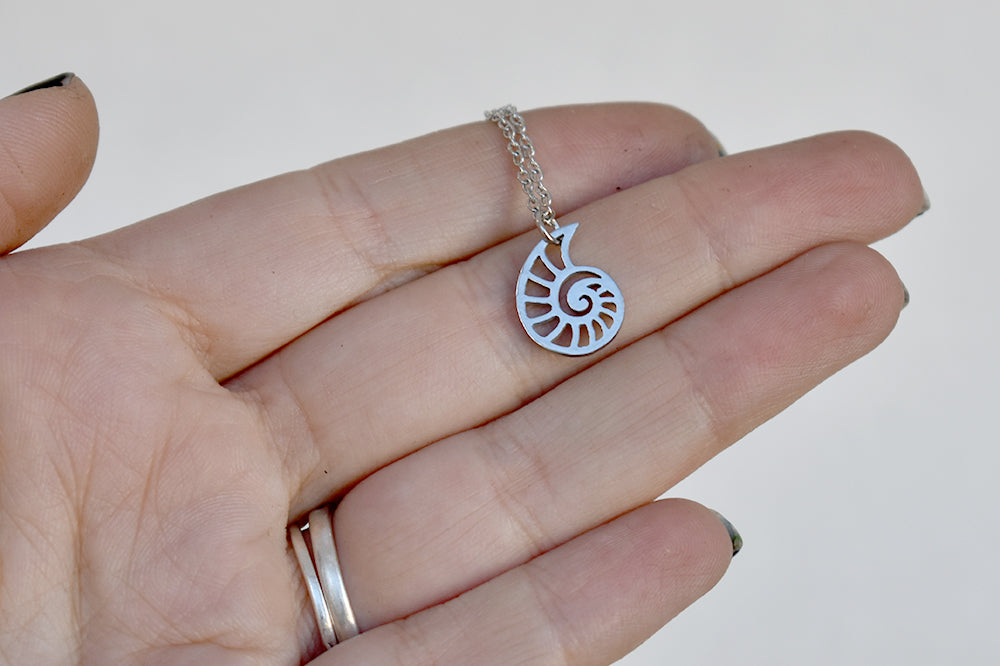 Little Silver Nautilus Charm Necklace | Cute Nautical Charm Necklace | Ammonite Shell Jewelry - Enchanted Leaves - Nature Jewelry - Unique Handmade Gifts