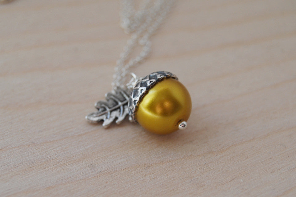 Silver & Golden Pearl Acorn Necklace | Fall Nature Jewelry | Woodland Gold Acorn Charm Necklace - Enchanted Leaves - Nature Jewelry - Unique Handmade Gifts