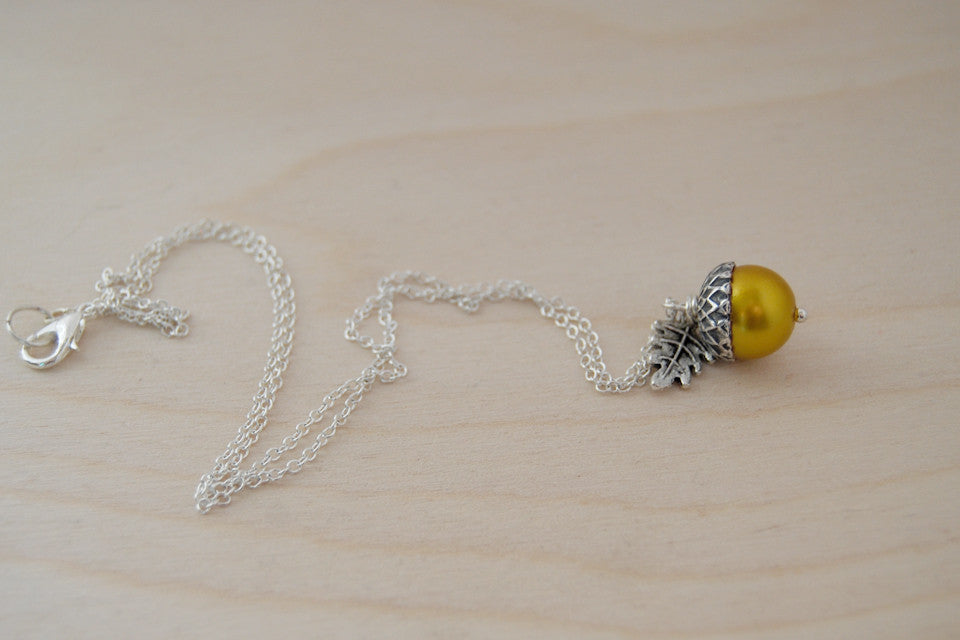 Silver & Golden Pearl Acorn Necklace | Fall Nature Jewelry | Woodland Gold Acorn Charm Necklace - Enchanted Leaves - Nature Jewelry - Unique Handmade Gifts