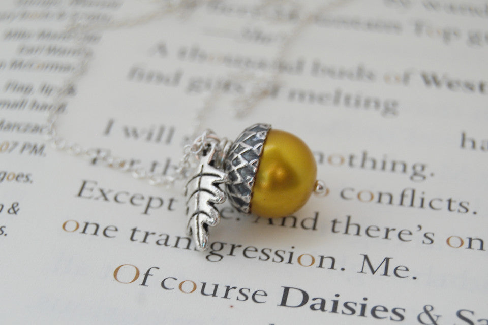 Silver & Golden Pearl Acorn Necklace | Fall Nature Jewelry | Woodland Gold Acorn Charm Necklace - Enchanted Leaves - Nature Jewelry - Unique Handmade Gifts