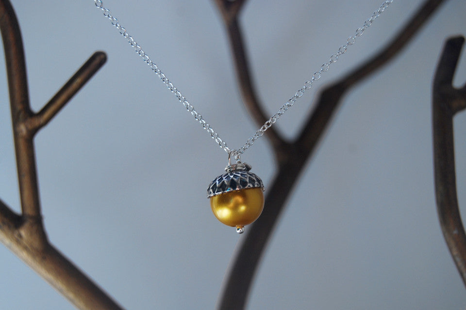 Silver & Golden Pearl Acorn Necklace | Fall Nature Jewelry | Woodland Gold Acorn Charm Necklace - Enchanted Leaves - Nature Jewelry - Unique Handmade Gifts