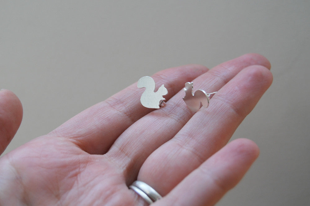Silver Squirrel Stud Earrings | Woodland Squirrel Earrings | Fall Jewelry - Enchanted Leaves - Nature Jewelry - Unique Handmade Gifts