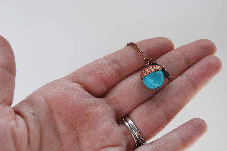 Turquoise and Copper Acorn Necklace - Enchanted Leaves - Nature Jewelry - Unique Handmade Gifts