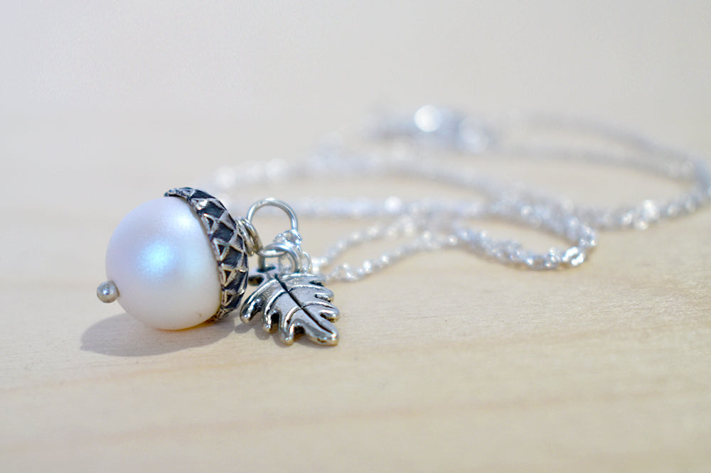 Silver Faerie Magic Acorn Necklace | Iridescent White Acorn Pendant | Forest Acorn Nature Jewelry - Enchanted Leaves - Nature Jewelry - Unique Handmade Gifts