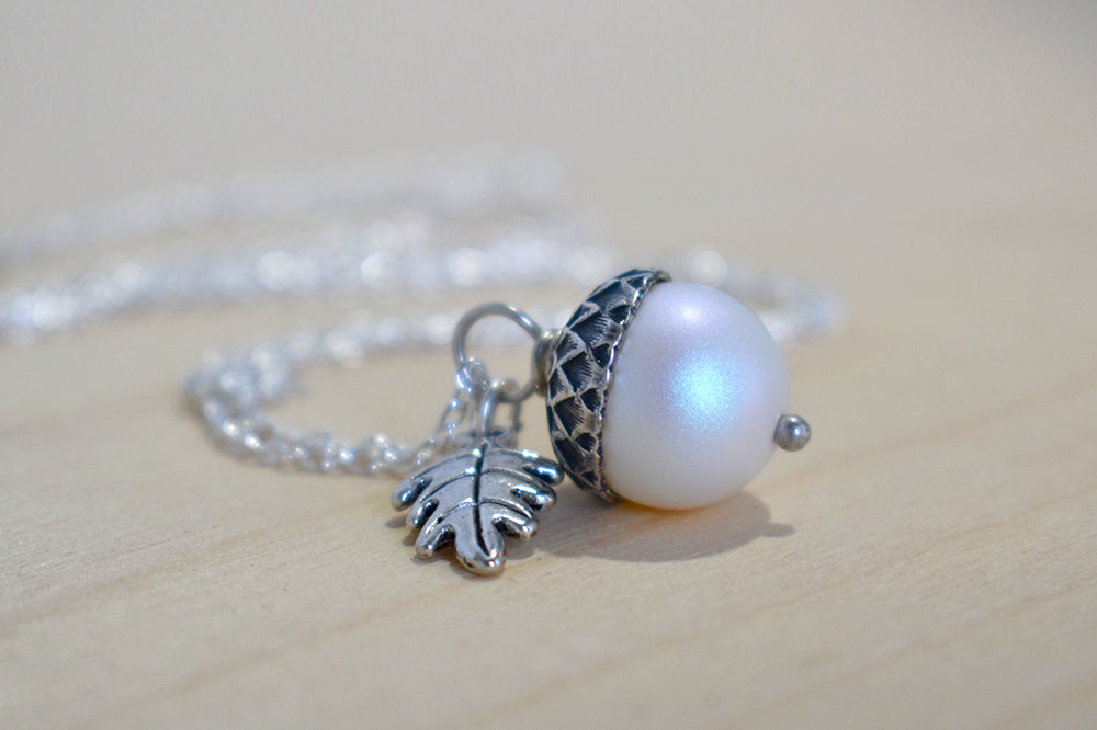 Silver Faerie Magic Acorn Necklace | Iridescent White Acorn Pendant | Forest Acorn Nature Jewelry - Enchanted Leaves - Nature Jewelry - Unique Handmade Gifts