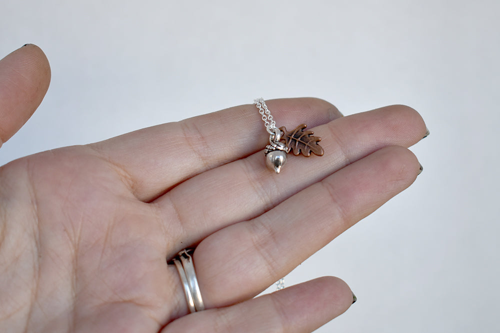 Tiny Silver Acorn Necklace | Cute Little Fall Acorn Charm Necklace | Oak Leaf and Acorn Jewelry - Enchanted Leaves - Nature Jewelry - Unique Handmade Gifts