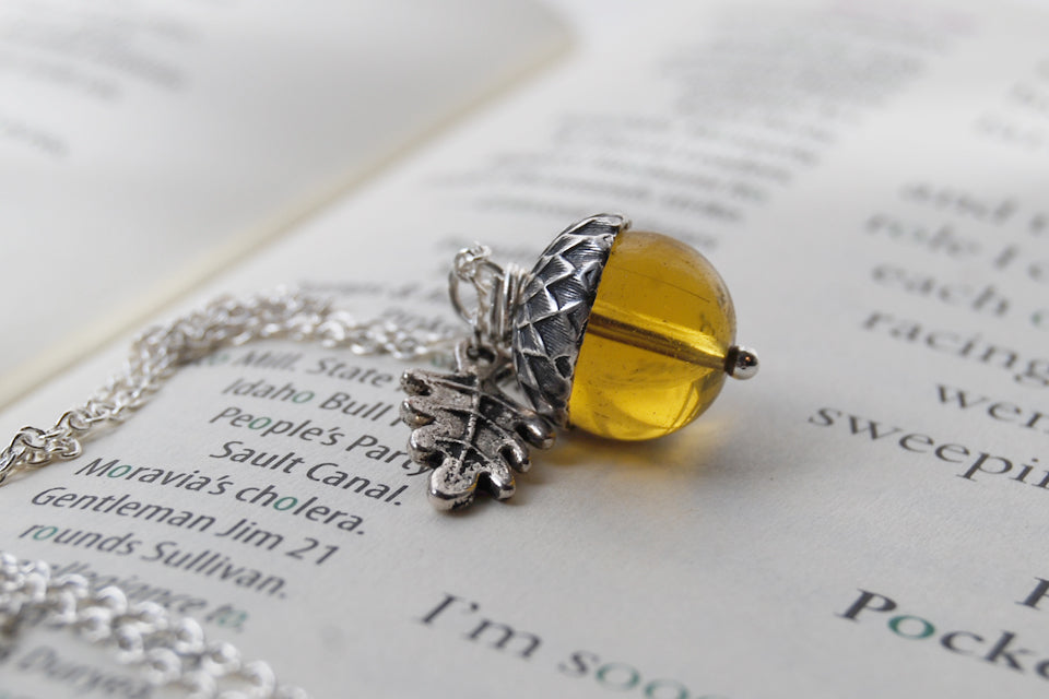 SALE- Amber Glass Acorn Necklace | Cute Fall Acorn Charm Necklace | Woodland Nature Jewelry - Enchanted Leaves - Nature Jewelry - Unique Handmade Gifts