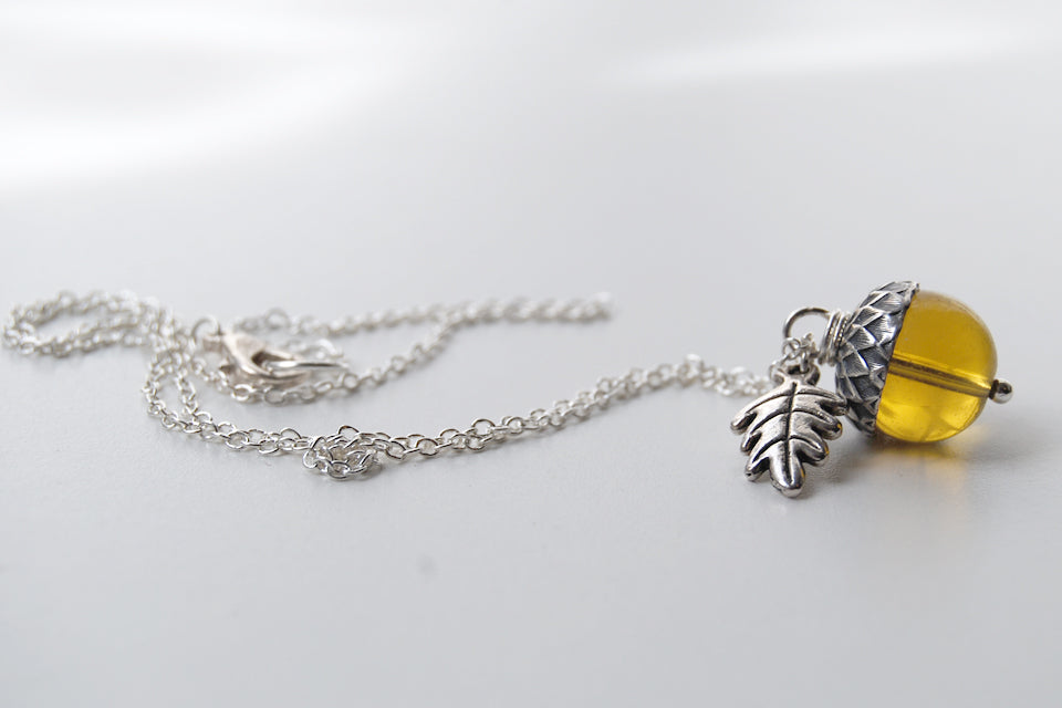 SALE- Amber Glass Acorn Necklace | Cute Fall Acorn Charm Necklace | Woodland Nature Jewelry - Enchanted Leaves - Nature Jewelry - Unique Handmade Gifts