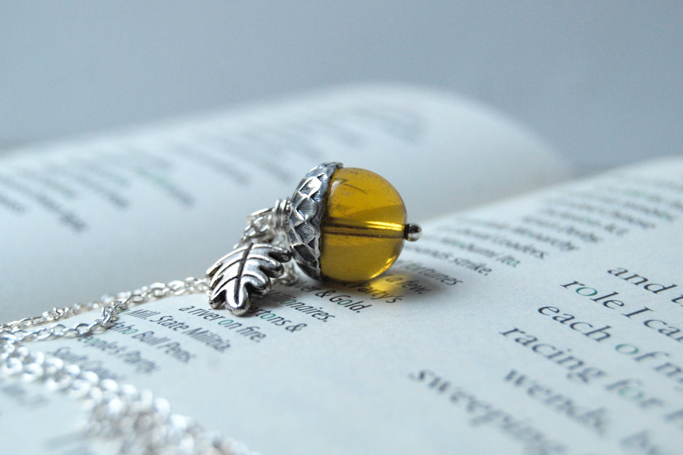 SALE- Amber Glass Acorn Necklace | Cute Fall Acorn Charm Necklace | Woodland Nature Jewelry - Enchanted Leaves - Nature Jewelry - Unique Handmade Gifts