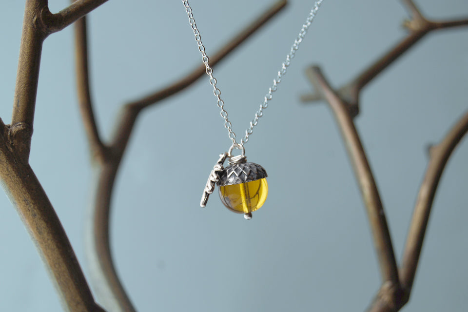 SALE- Amber Glass Acorn Necklace | Cute Fall Acorn Charm Necklace | Woodland Nature Jewelry - Enchanted Leaves - Nature Jewelry - Unique Handmade Gifts