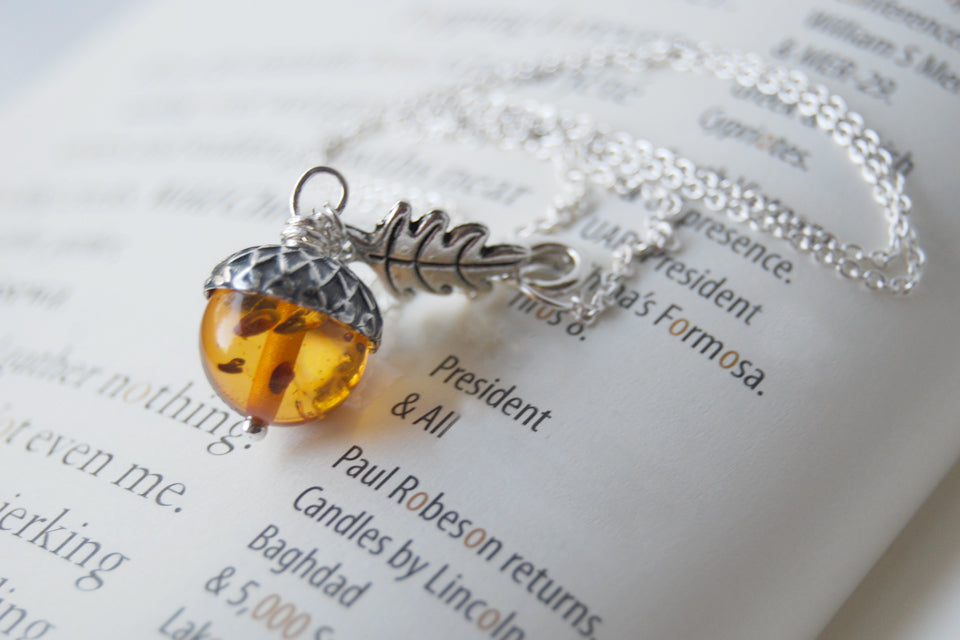 Amber and Silver Acorn Necklace | Nature Jewelry | Fall Acorn Charm Necklace - Enchanted Leaves - Nature Jewelry - Unique Handmade Gifts