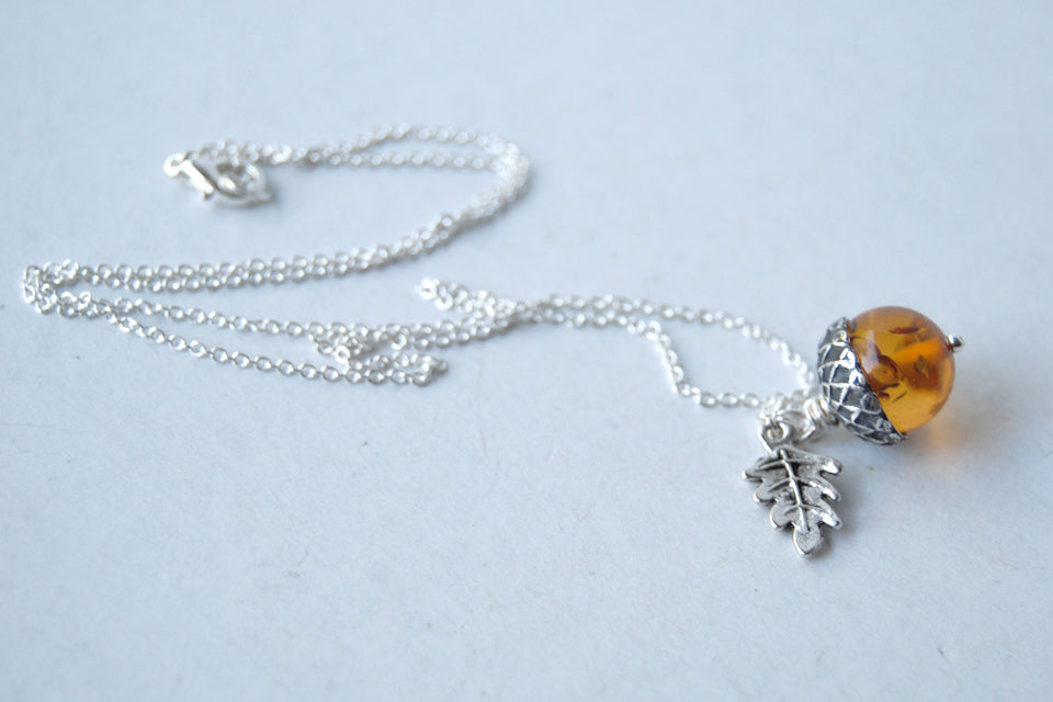 Amber and Silver Acorn Necklace | Nature Jewelry | Fall Acorn Charm Necklace - Enchanted Leaves - Nature Jewelry - Unique Handmade Gifts