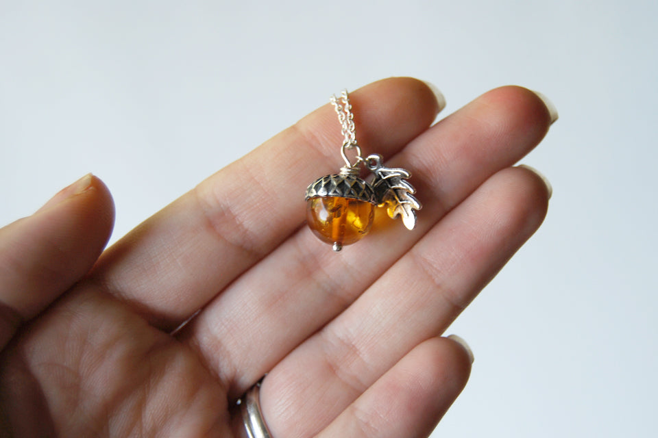 Amber and Silver Acorn Necklace | Nature Jewelry | Fall Acorn Charm Necklace - Enchanted Leaves - Nature Jewelry - Unique Handmade Gifts