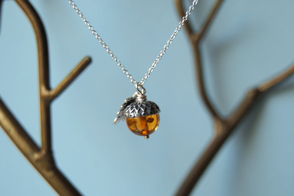 Amber and Silver Acorn Necklace | Nature Jewelry | Fall Acorn Charm Necklace - Enchanted Leaves - Nature Jewelry - Unique Handmade Gifts