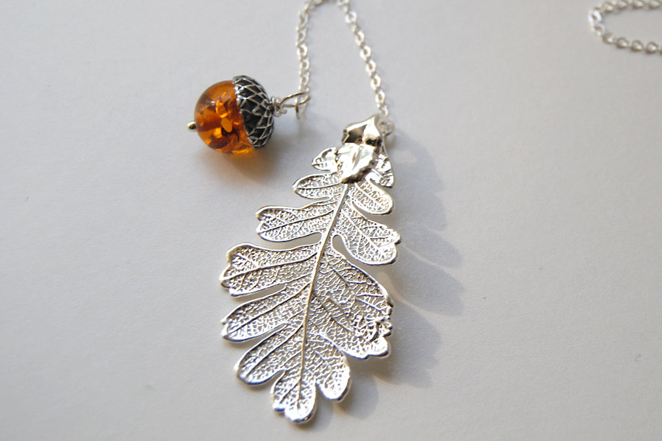 Silver Oak Leaf and Acorn Lariat | Electroformed Nature | Fall Leaf Lariat - Enchanted Leaves - Nature Jewelry - Unique Handmade Gifts