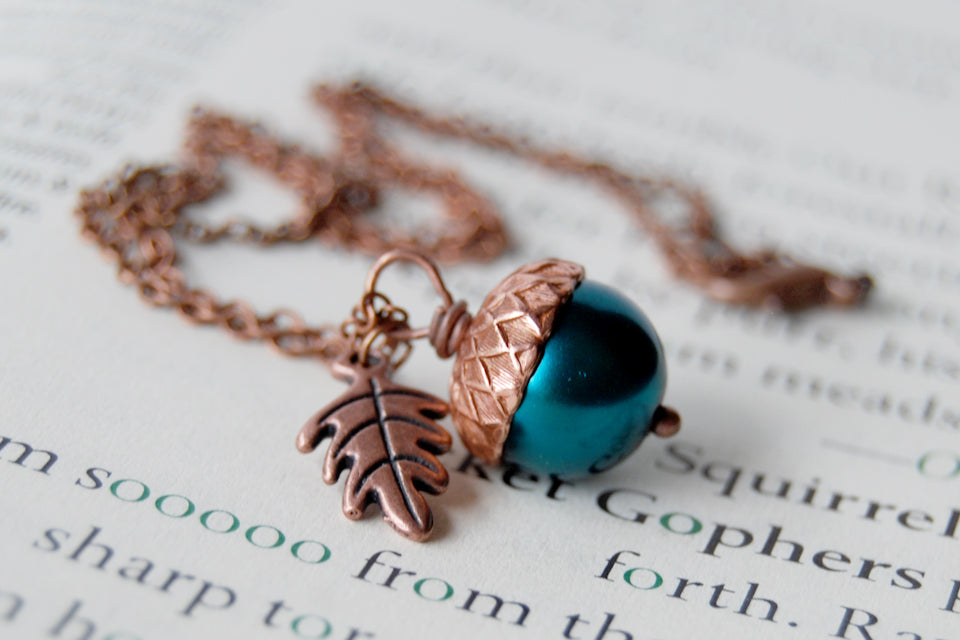 Aqua and Copper Pearl Acorn Necklace | Something Blue Necklace | Woodland Wedding Jewelry - Enchanted Leaves - Nature Jewelry - Unique Handmade Gifts