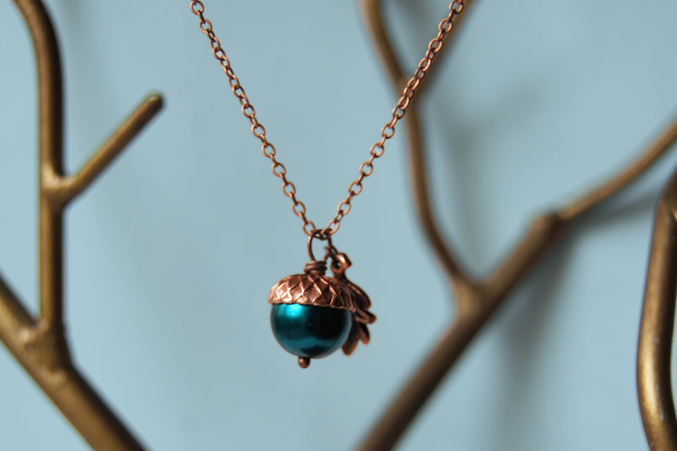 Aqua and Copper Pearl Acorn Necklace | Something Blue Necklace | Woodland Wedding Jewelry - Enchanted Leaves - Nature Jewelry - Unique Handmade Gifts