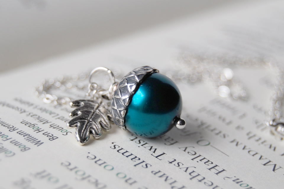 Aqua and Silver Pearl Acorn Necklace  | Something Blue Necklace | Woodland Wedding Jewelry - Enchanted Leaves - Nature Jewelry - Unique Handmade Gifts