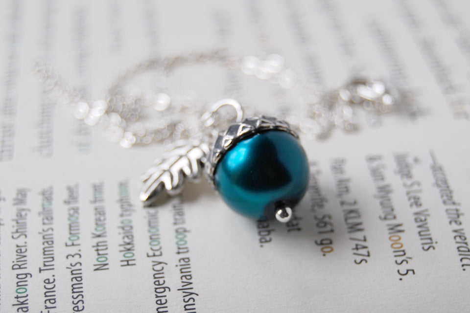 Aqua and Silver Pearl Acorn Necklace  | Something Blue Necklace | Woodland Wedding Jewelry - Enchanted Leaves - Nature Jewelry - Unique Handmade Gifts