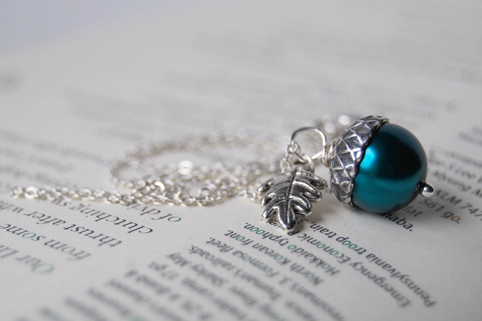 Aqua and Silver Pearl Acorn Necklace  | Something Blue Necklace | Woodland Wedding Jewelry - Enchanted Leaves - Nature Jewelry - Unique Handmade Gifts