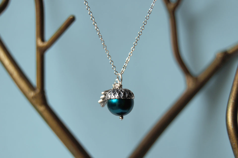 Aqua and Silver Pearl Acorn Necklace  | Something Blue Necklace | Woodland Wedding Jewelry - Enchanted Leaves - Nature Jewelry - Unique Handmade Gifts
