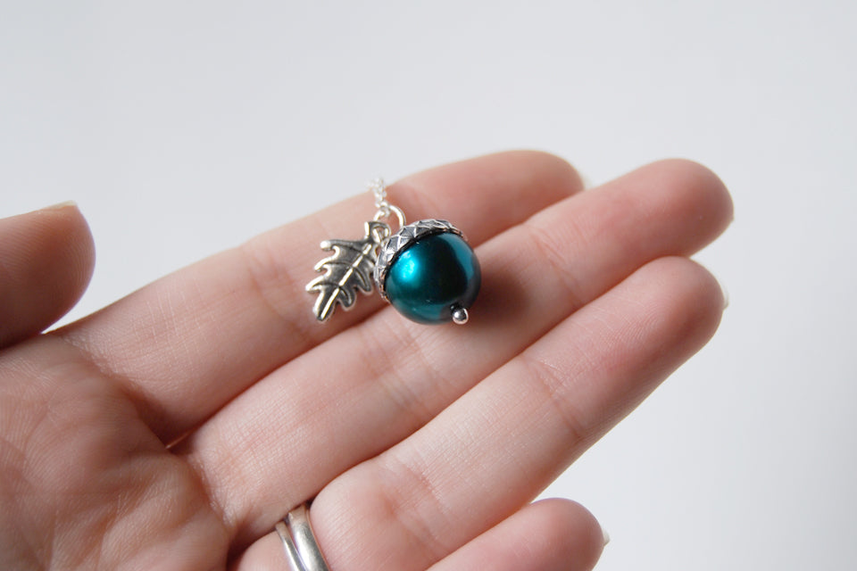 Aqua and Silver Pearl Acorn Necklace  | Something Blue Necklace | Woodland Wedding Jewelry - Enchanted Leaves - Nature Jewelry - Unique Handmade Gifts