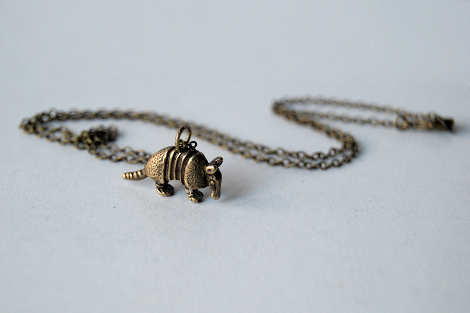 Arnold the Armadillo | Brass Armadillo Charm Necklace | Cute Armadillo Pendant - Enchanted Leaves - Nature Jewelry - Unique Handmade Gifts