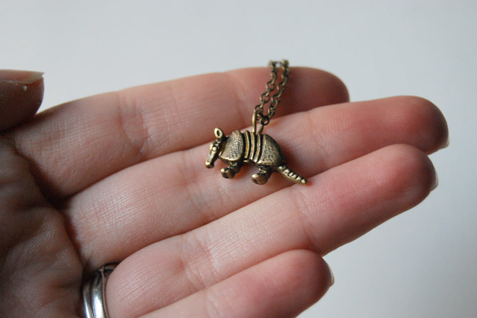 Arnold the Armadillo | Brass Armadillo Charm Necklace | Cute Armadillo Pendant - Enchanted Leaves - Nature Jewelry - Unique Handmade Gifts