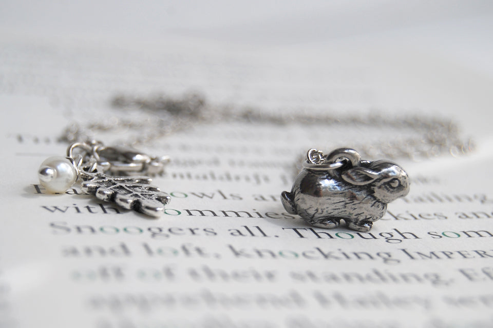 Baby Bunny Necklace | Cute Rabbit Charm Necklace | Dark Silver Rabbit Necklace | Woodland Animal Jewelry - Enchanted Leaves - Nature Jewelry - Unique Handmade Gifts