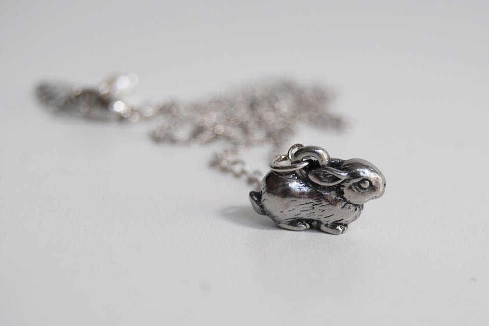 Baby Bunny Necklace | Cute Rabbit Charm Necklace | Dark Silver Rabbit Necklace | Woodland Animal Jewelry - Enchanted Leaves - Nature Jewelry - Unique Handmade Gifts