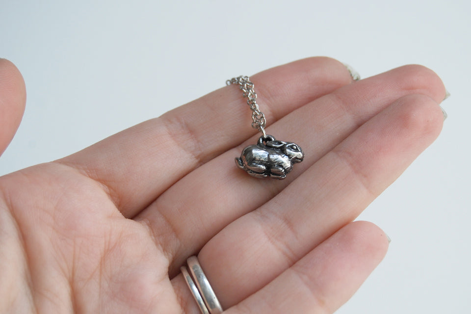 Baby Bunny Necklace | Cute Rabbit Charm Necklace | Dark Silver Rabbit Necklace | Woodland Animal Jewelry - Enchanted Leaves - Nature Jewelry - Unique Handmade Gifts