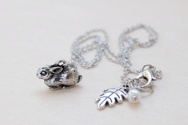 Baby Bunny Necklace | Cute Rabbit Charm Necklace | Dark Silver Rabbit Necklace | Woodland Animal Jewelry - Enchanted Leaves - Nature Jewelry - Unique Handmade Gifts