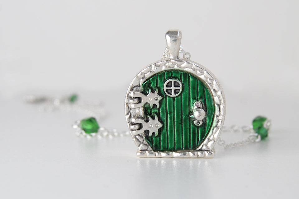 Silver Bag End Hobbit Door Locket | Lord of the Rings Necklace | Hobbit Door Pendant | Green Door Locket - Enchanted Leaves - Nature Jewelry - Unique Handmade Gifts